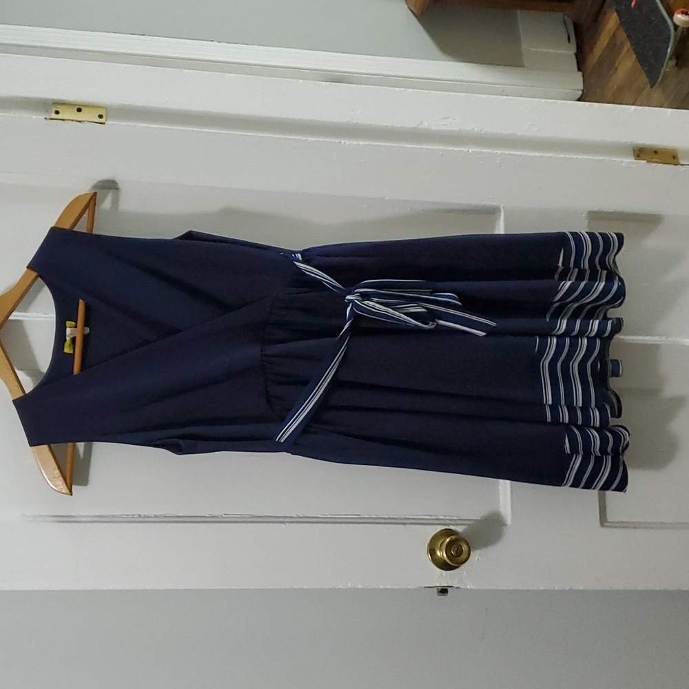 Yellow star navy blue tie front dress